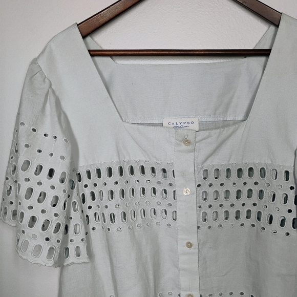 Calypso St. Barth Eyelet Top Womens Large Light Blue Flutter Sleeve Vacation - Picture 2 of 11